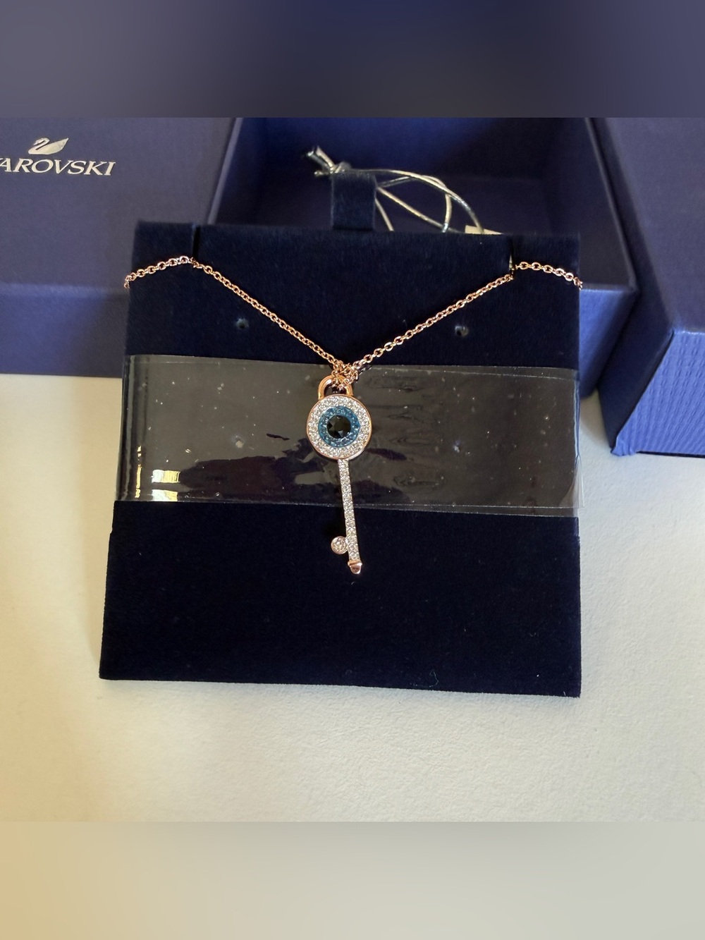 Swarovski Rose Gold Key Pendant Necklace with Blue Crystal Center 5437517